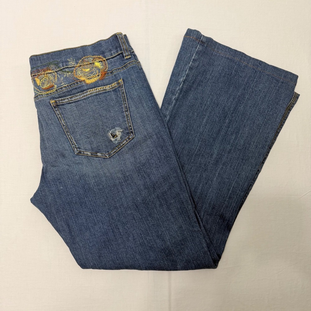 DKNY Jeans Greenwich Womens Embroidered Bootcut Denim Jeans Blue Floral Y2K